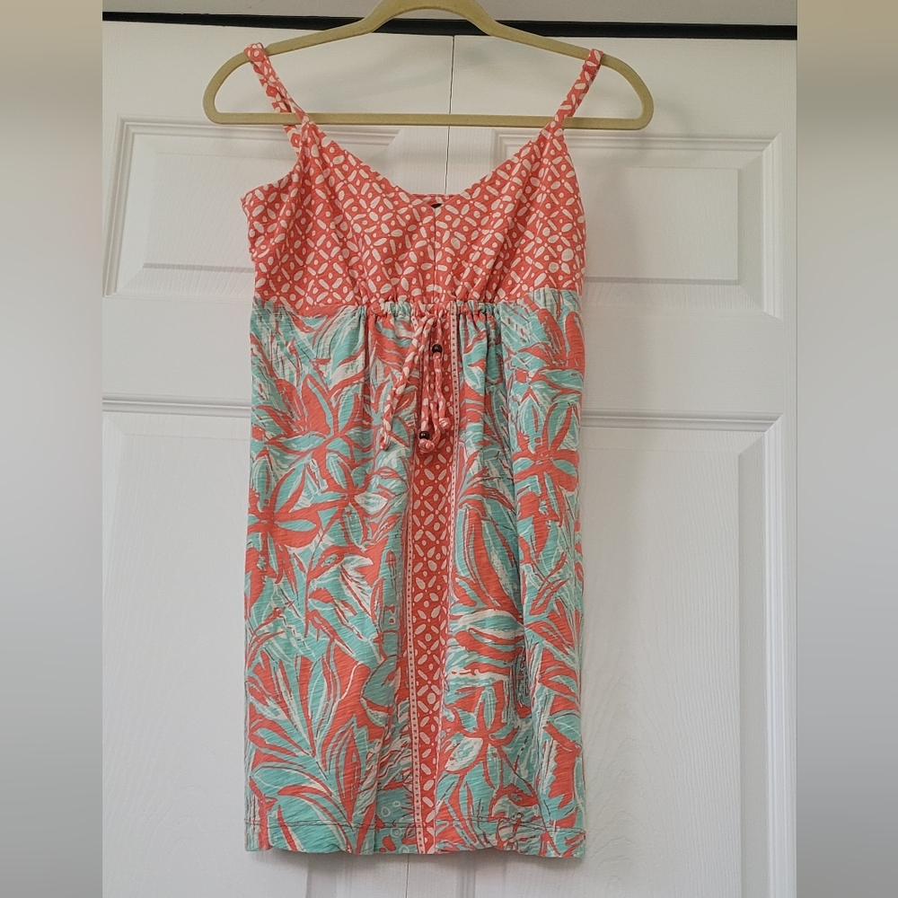 Tommy Bahama Pink and Green Ruched Tie Front Sundress